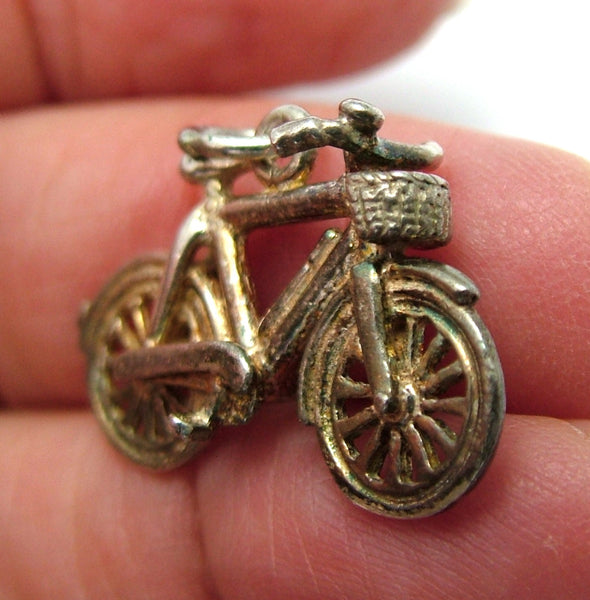 Vintage 1970's Silver Bicycle Charm with Front Basket & Bell Silver Charm - Sandy's Vintage Charms