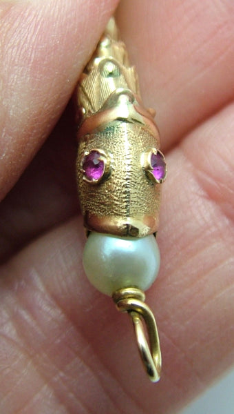 Vintage 1960’s 18ct 18k Gold & Pearl Articulated Fish Charm with Ruby Eyes Gold Charm - Sandy's Vintage Charms