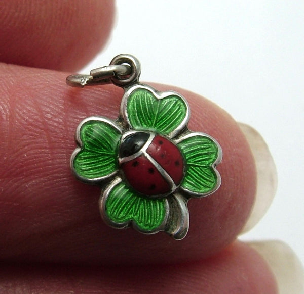 Small Vintage 1950's Silver & Green Enamel Four Leaf Clover with Ladybird Charm Enamel Charm - Sandy's Vintage Charms