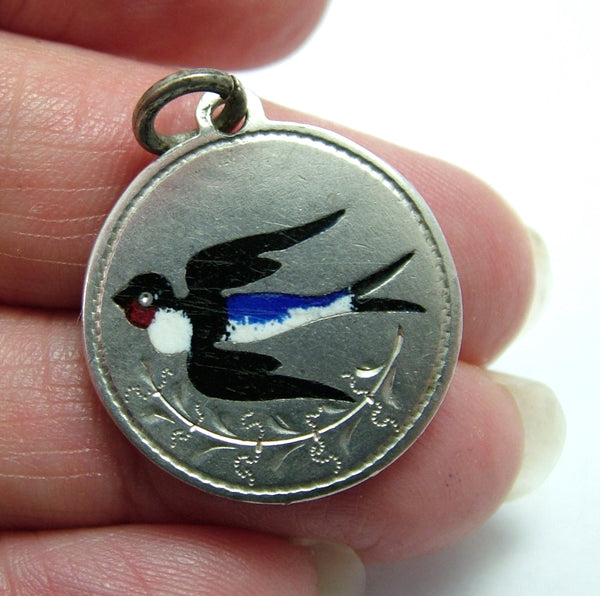 Antique Edwardian c1902 Silver & Enamel Swallow Charm Engraved “AJC 19.2.1902” Antique Charm - Sandy's Vintage Charms