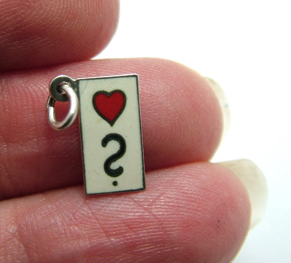 Small Vintage 1950's Silver & Cream Enamel Red Heart & Question Mark Charm Enamel Charm - Sandy's Vintage Charms
