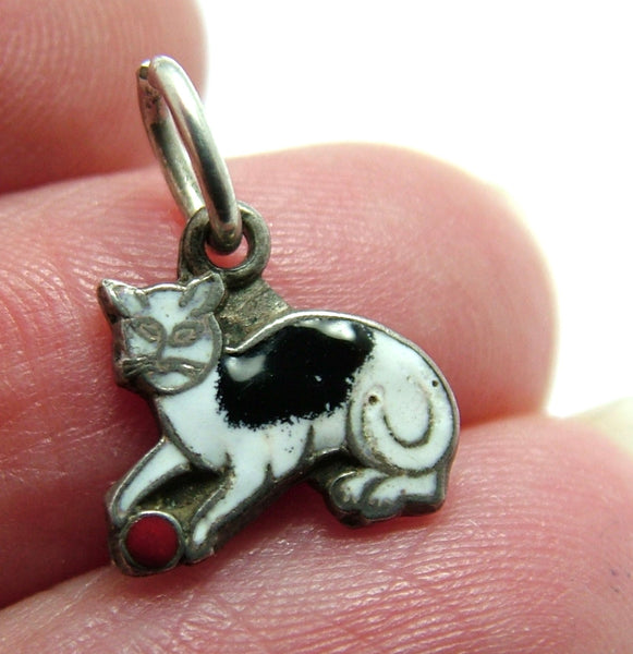 Small Vintage 1950's Silver & Enamel Cat with Ball Charm Enamel Charm - Sandy's Vintage Charms