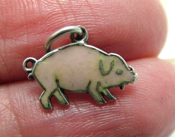 Small Vintage 1930's Silver & Pink Enamel Pig Charm Enamel Charm - Sandy's Vintage Charms