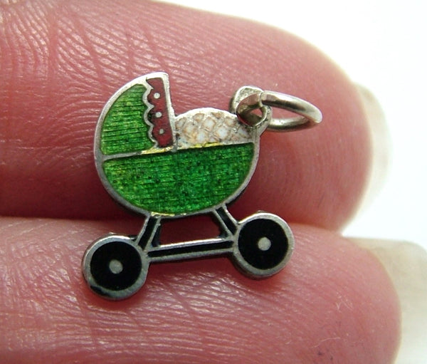 Small Vintage 1950's Silver & Green Enamel Pram Charm Enamel Charm - Sandy's Vintage Charms