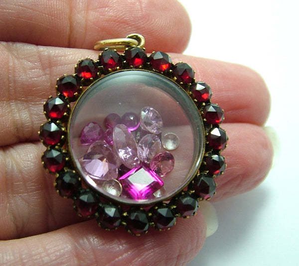 Large Antique Victorian c1890 Gilt Metal Garnet Opening Locket Shaker Charm or Pendant Antique Charm - Sandy's Vintage Charms