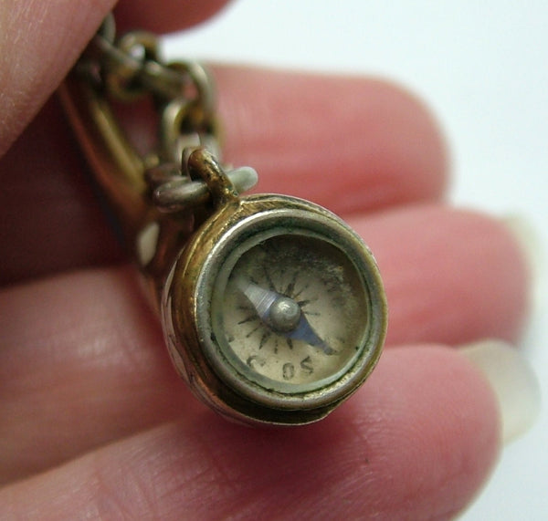 Large Antique Victorian Brass & Enamel Hunting Horn Fob Charm with Working Compass Antique Charm - Sandy's Vintage Charms