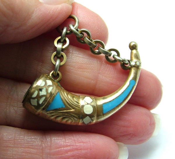Large Antique Victorian Brass & Enamel Hunting Horn Fob Charm with Working Compass Antique Charm - Sandy's Vintage Charms