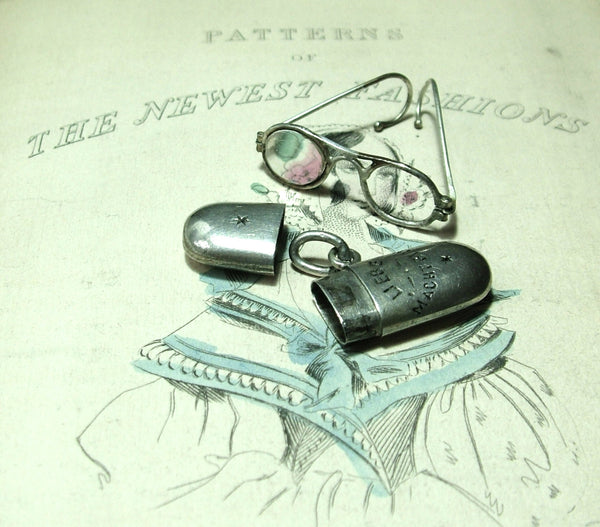 Antique Victorian c1900 Silver “Love is Blind” Glasses Case Charm Removable Glasses Inside Antique Charm - Sandy's Vintage Charms