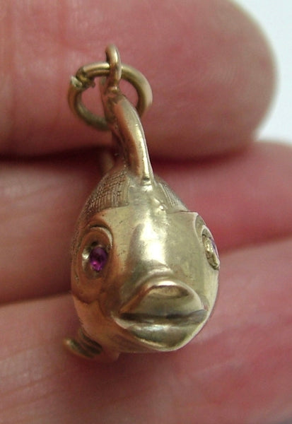 Large Vintage 1960's 9ct Gold Fish Charm with Ruby Eyes HM 1963 Gold Charm - Sandy's Vintage Charms