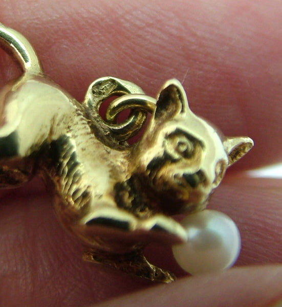 Heavy Vintage 1950's Solid 14ct 14k Gold Cat with Pearl Ball Charm Gold Charm - Sandy's Vintage Charms