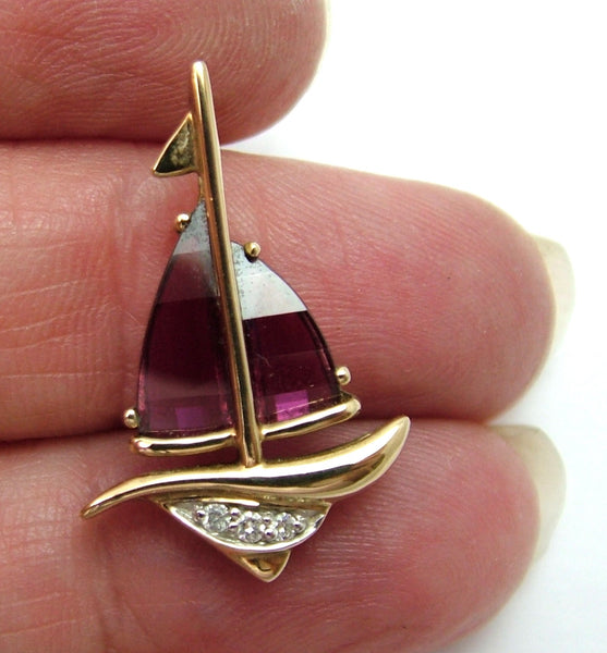 Modern Secondhand 9ct Gold, Amethyst & Diamond Sailing Yacht Charm or Pendant HM 2003 Gold Charm - Sandy's Vintage Charms