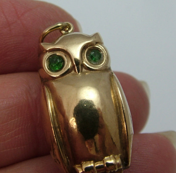 Large Vintage 1970's Hollow 9ct Gold Owl Charm with Green Eyes HM 1977 Gold Charm - Sandy's Vintage Charms