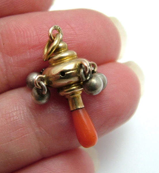 Antique Victorian c1900’s 9ct Gold, Silver & Coral Child’s Teething Rattle Charm Antique Charm - Sandy's Vintage Charms