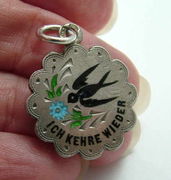 Antique c1910 Silver & Enamel "I Will Return" Swallow & Forget-me-not Charm Antique Charm - Sandy's Vintage Charms