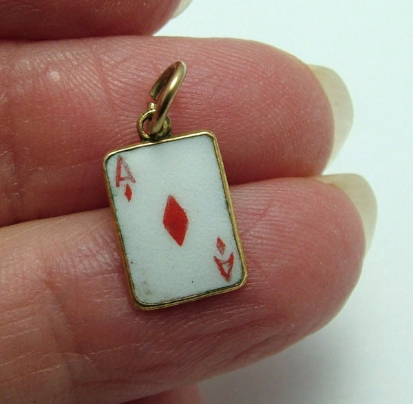 Vintage 1950's 9ct Rose Gold & Enamel Ace of Diamonds Playing Card Charm HM 1957 Gold Charm - Sandy's Vintage Charms