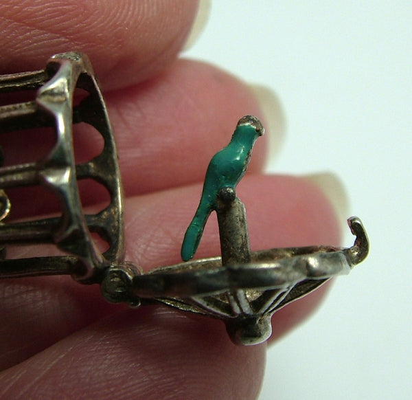 Vintage 1960's Silver Opening Birdcage Charm Turquoise Bird on a Perch Inside Silver Charm - Sandy's Vintage Charms