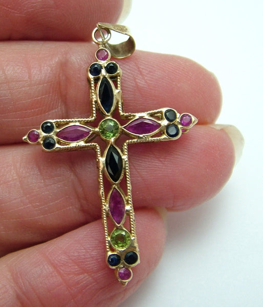 Modern Secondhand 9ct Gold Ruby, Peridot & Sapphire Cross Charm or Pendant HM 2000 Gold Charm - Sandy's Vintage Charms