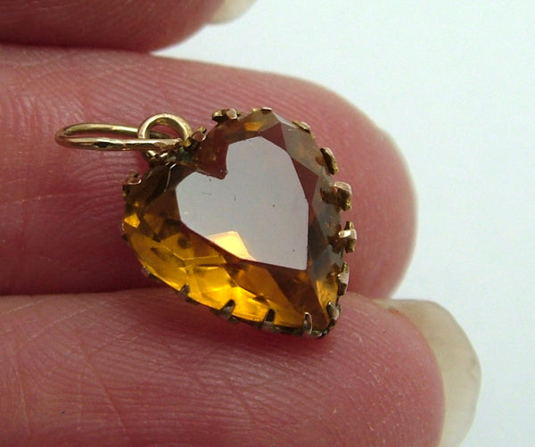 Small Antique Edwardian c1910 9ct Gold & Faceted Citrine Heart Charm Antique Charm - Sandy's Vintage Charms