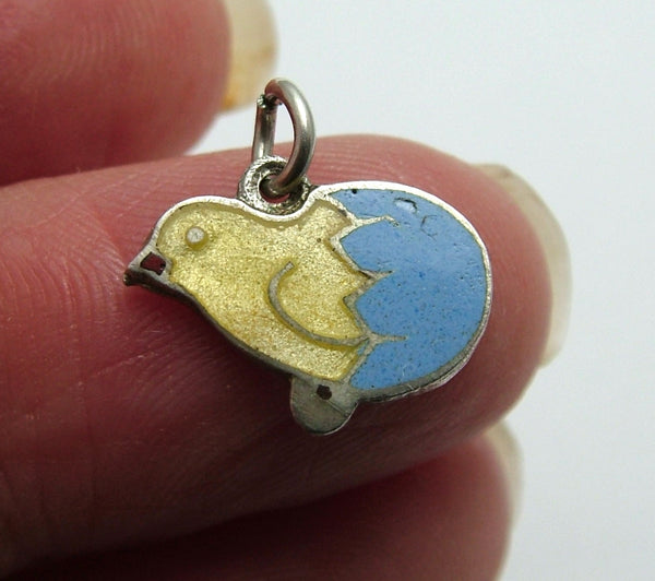 Small Vintage 1950's Silver & Yellow Enamel Chick in a Blue Egg Charm Enamel Charm - Sandy's Vintage Charms