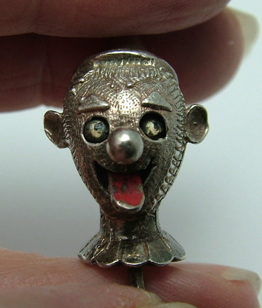 Large Vintage 1960's Silver Clown Head Charm with Moving Tongue & Eyes Silver Charm - Sandy's Vintage Charms