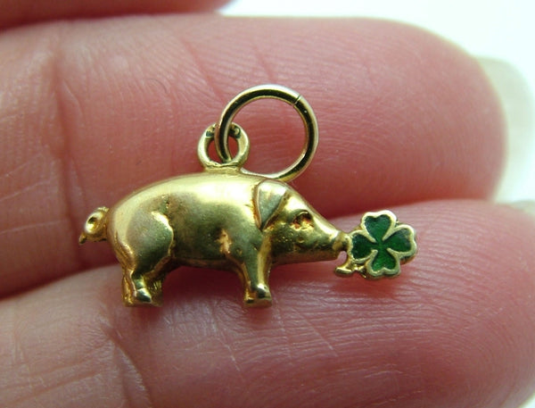 Vintage 1920’s/30’s 14ct 14k Gold Pig Charm with Green Enamel Lucky Four Leaf Clover Gold Charm - Sandy's Vintage Charms