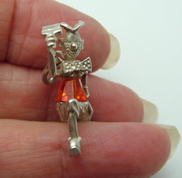 Large Vintage 1970's Silver & Orange Crystal Running Clown Charm Silver Charm - Sandy's Vintage Charms
