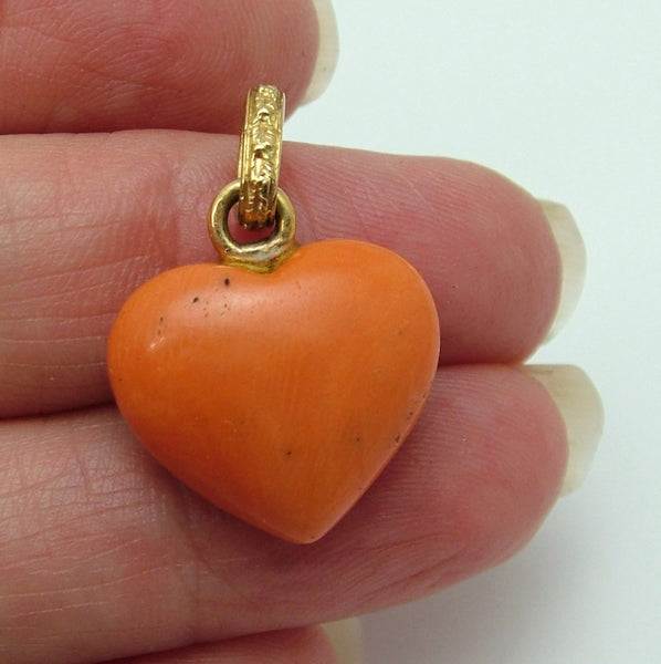 Large Vintage 1980's Coral & 18k 18ct Gold Heart Charm Gold Charm - Sandy's Vintage Charms