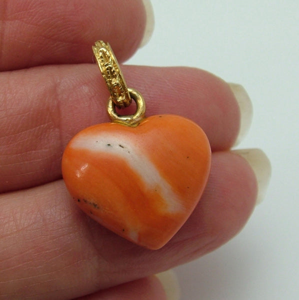 Large Vintage 1980's Coral & 18k 18ct Gold Heart Charm Gold Charm - Sandy's Vintage Charms