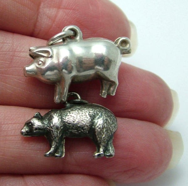 Pair of Antique Edwardian c1910 Hollow Silver Charms Lucky Pig & Bear Antique Charm - Sandy's Vintage Charms