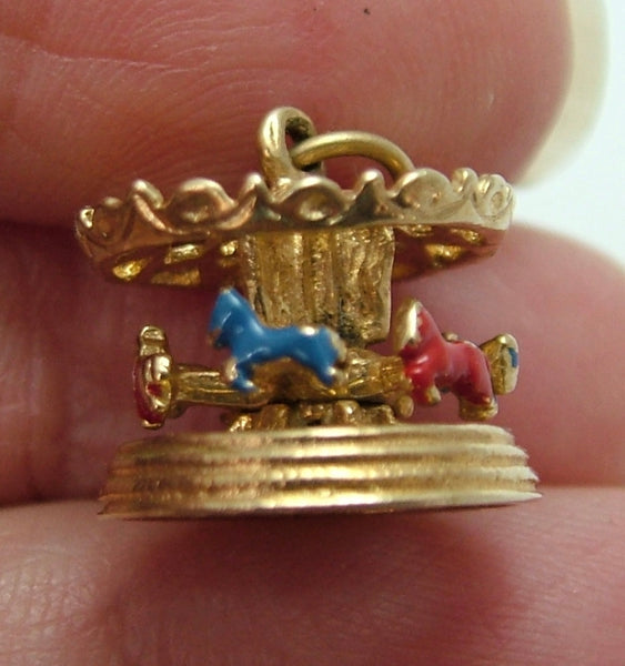 Vintage 1970's 9ct Gold Nuvo Carousel Charm with Rotating Enamel Horses Gold Charm - Sandy's Vintage Charms