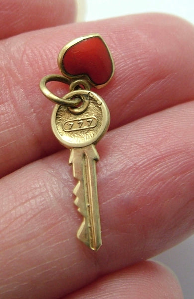 Small Vintage 1950's 14ct 14k Gold Key & Red Enamel Heart Charm “Key to my Heart”