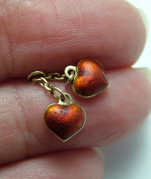 Tiny Pair of Vintage 1950’s 14ct 14k Gold & Red Enamel Heart Charms
