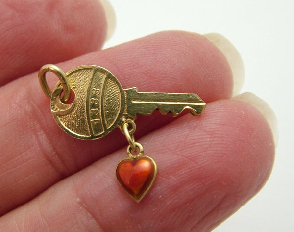 Vintage 1950's 14ct 14k Gold Key & Red Enamel Heart Charm “Key to my Heart” Gold Charm - Sandy's Vintage Charms