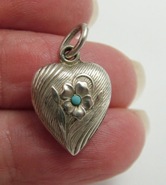 Vintage 1940's Hollow Silver & Turquoise Glass Heart Charm 1920s-1950s Charm - Sandy's Vintage Charms