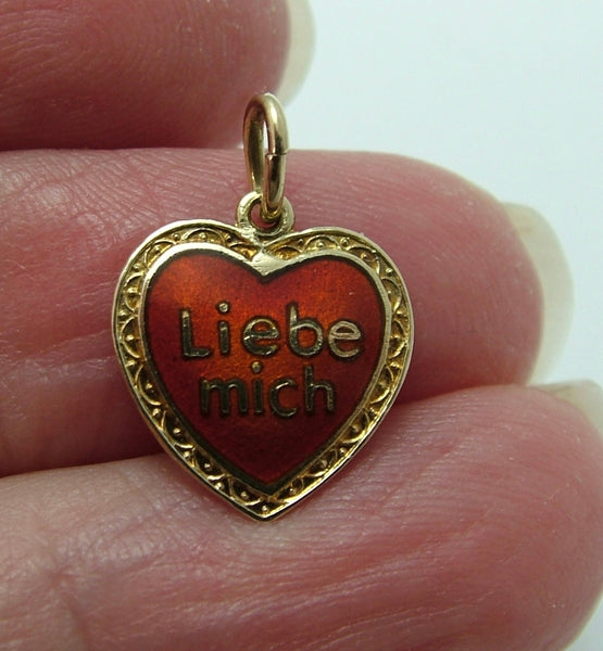 Vintage 1950’s 14ct 14k Gold & Red Enamel Heart Charm “Liebe Mich” LOVE ME Gold Charm - Sandy's Vintage Charms