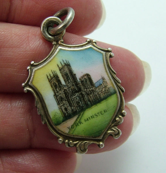 Large Antique Edwardian Silver & Enamel York Minster Souvenir Fob Charm HM 1905 Antique Charm - Sandy's Vintage Charms