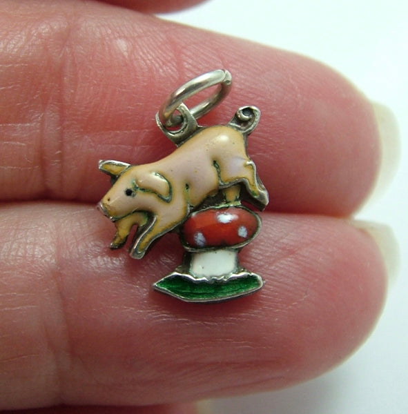 Small Vintage 1940’s/50’s Silver & Enamel Pig Jumping over a Toadstool Charm Enamel Charm - Sandy's Vintage Charms