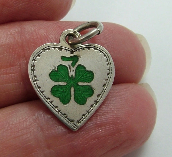 Antique Edwardian c1910 Silver & Enamel Lucky Four Leaf Clover Heart Charm Antique Charm - Sandy's Vintage Charms