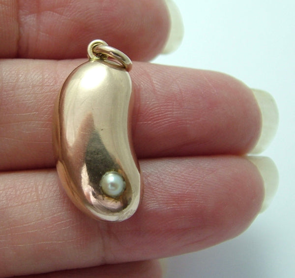 Large Antique Edwardian c1910 9ct Rose Gold Hollow Lucky Bean Charm with Pearl