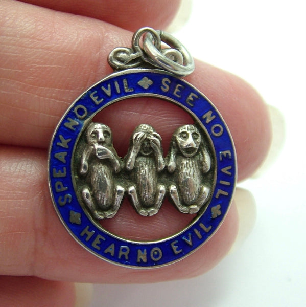 Antique Edwardian c1910 Silver & Blue Enamel Three Wise Monkeys Charm Antique Charm - Sandy's Vintage Charms
