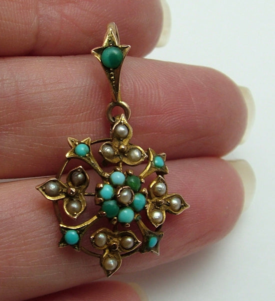 Antique Victorian c1890's 9ct Gold, Seed Pearl & Turquoise Flower Charm or Pendant