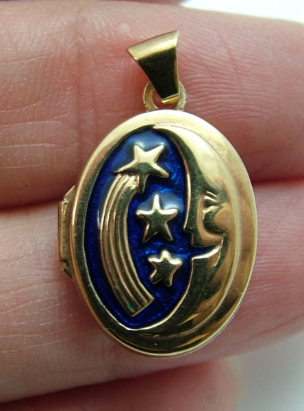 Modern Secondhand 9ct Gold & Blue Enamel Moon & Star Locket Charm