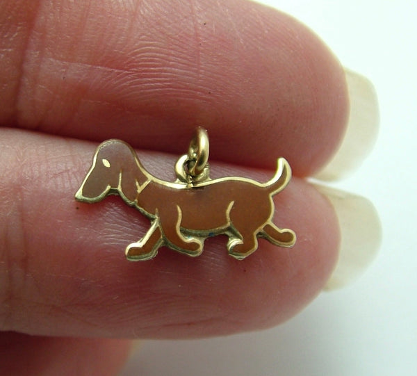 Vintage 1950's 14k 14ct Gold & Brown Enamel Dachshund Dog Charm