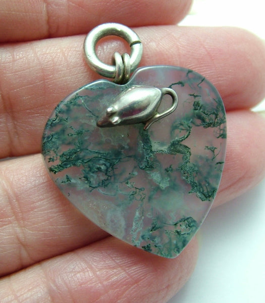 Vintage 1960’s/70's Moss Agate Heart Charm with Silver Mouse