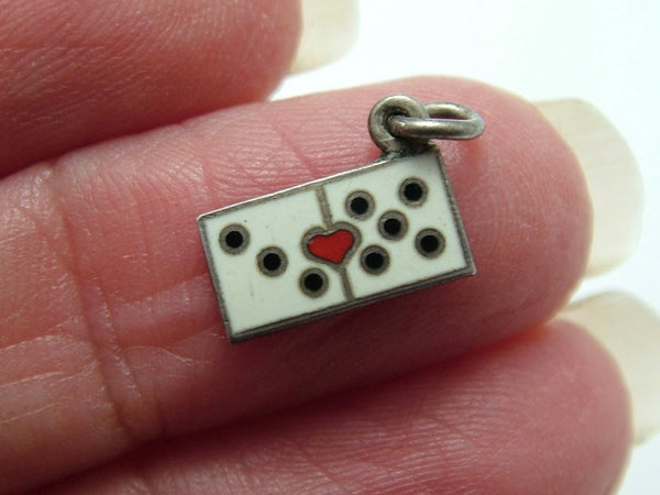 Small Vintage 1950's Silver & Enamel Domino Charm with Red Heart