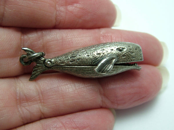 Large Vintage 1960's Silver Opening Whale Charm Jonah Praying Inside HM 1963