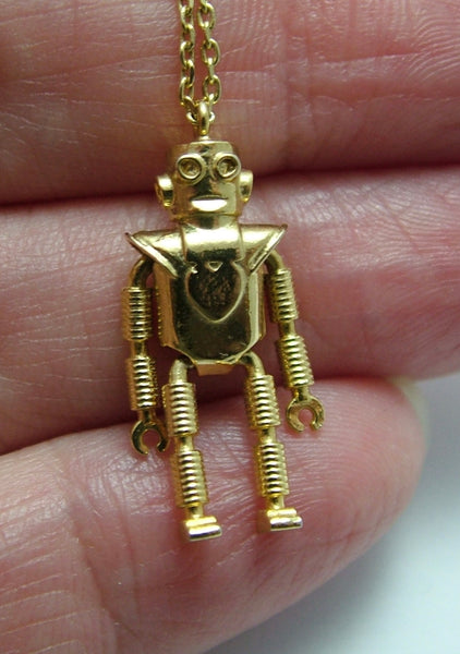 Modern Secondhand Gold Tone Articulated Robot Charm with Necklace Chain