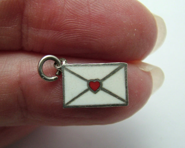 Small Vintage 1950's Silver & White Enamel Envelope Charm with Heart