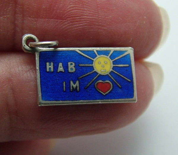 Small Vintage 1950's Silver & Blue Enamel Rebus Charm “I Have Sunshine In My Heart”