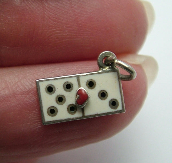 Small Vintage 1950's Silver & Enamel Domino Charm with Raised Red Heart Enamel Charm - Sandy's Vintage Charms